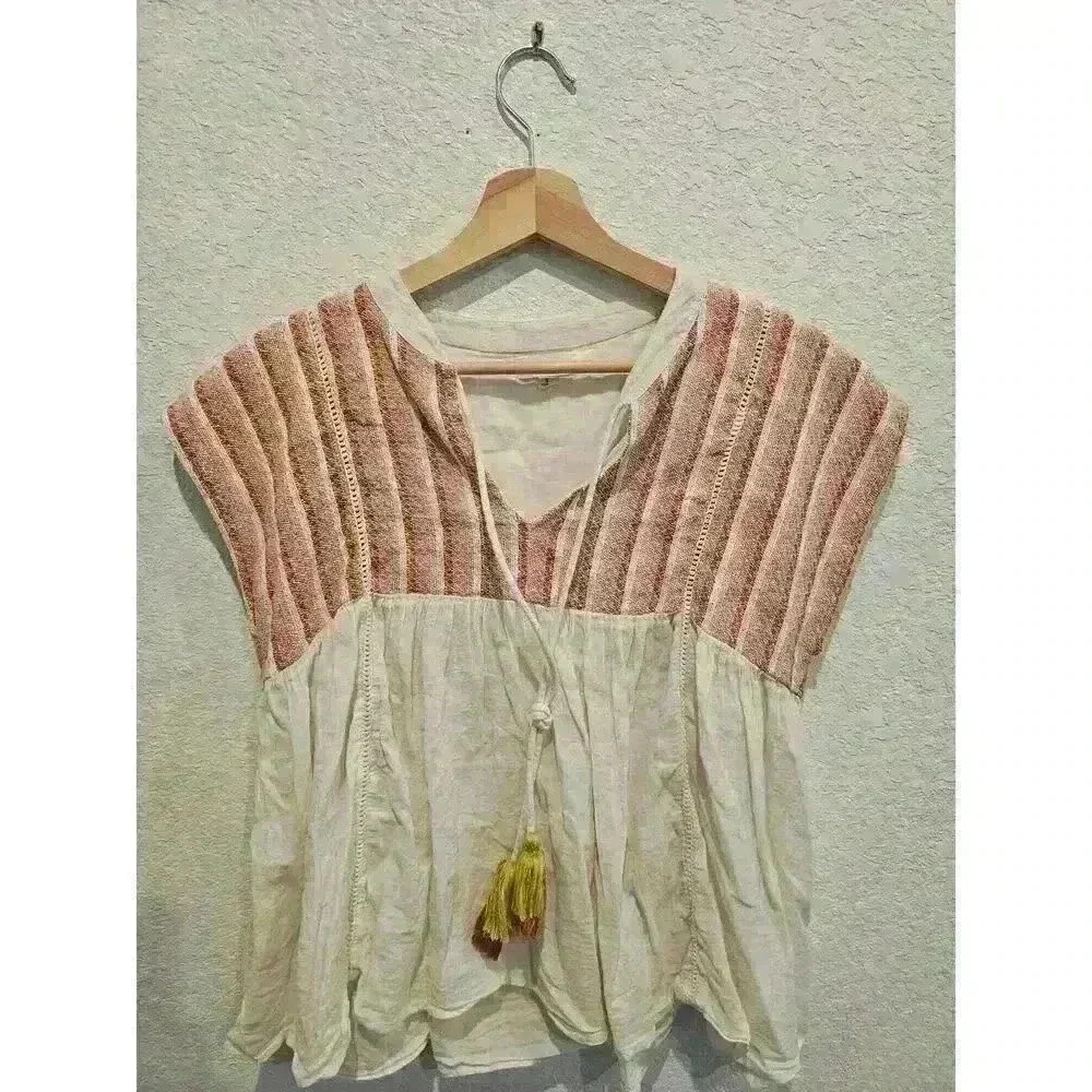 THML Clementine Embroidered Striped Tassel Top SZ Small cream offwhite